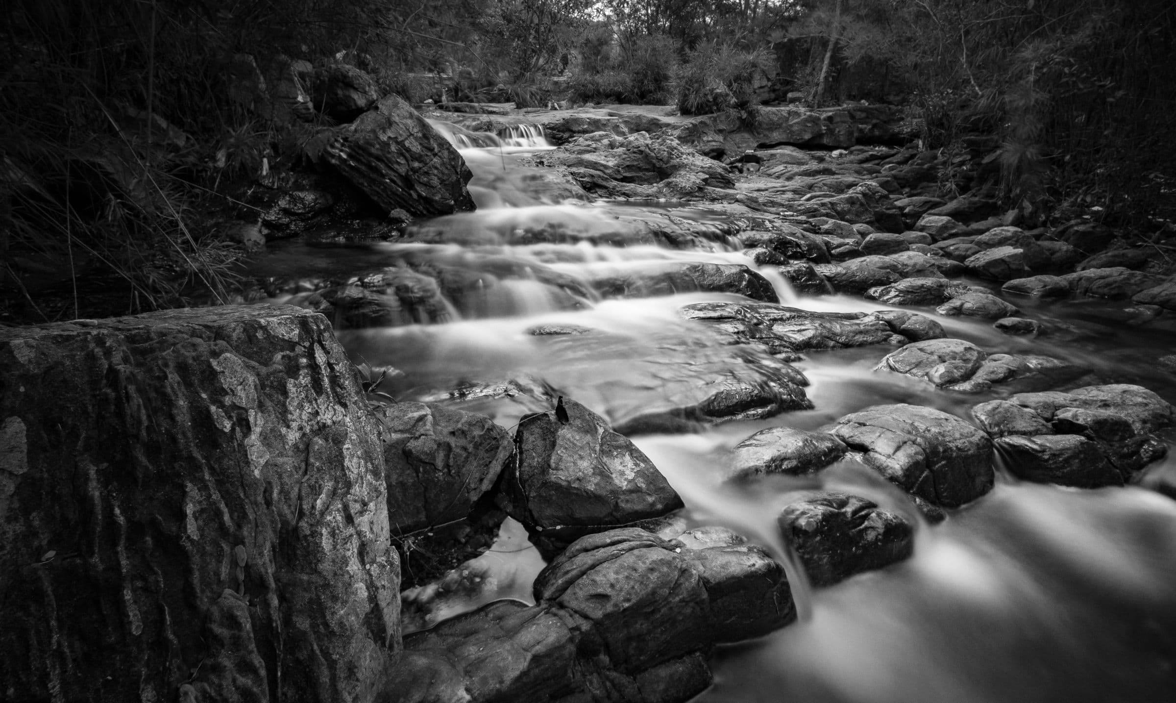 Black and white long exposure of a stream flowing smoothly over dark boulders in a shaded valley
