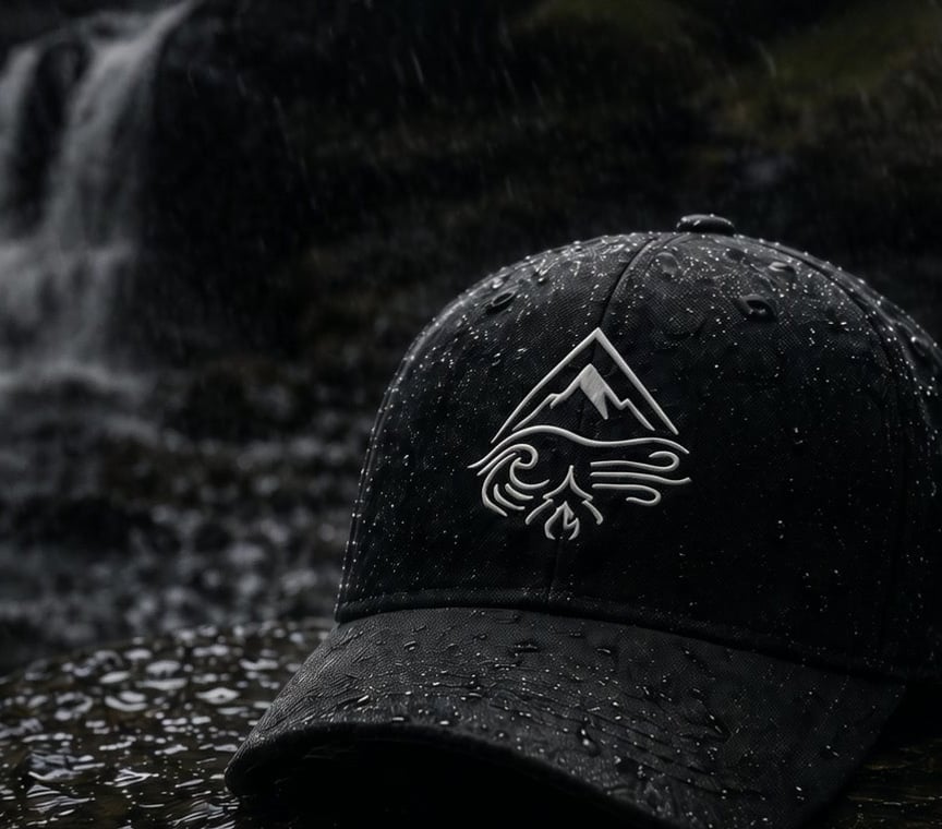Black Elements cap resting on wet rock beside a waterfall, mobile hero video poster