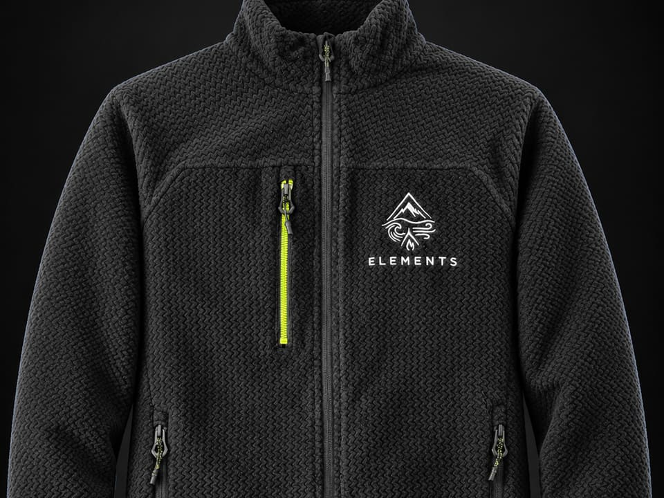 Detail of a black Elements fleece jacket, showing the zip pull and embroidered logo.