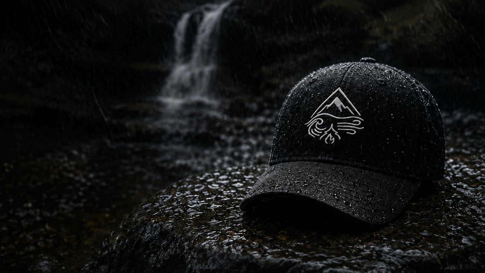 Black Elements cap on wet dark rock in falling rain, with a waterfall in soft focus to the left