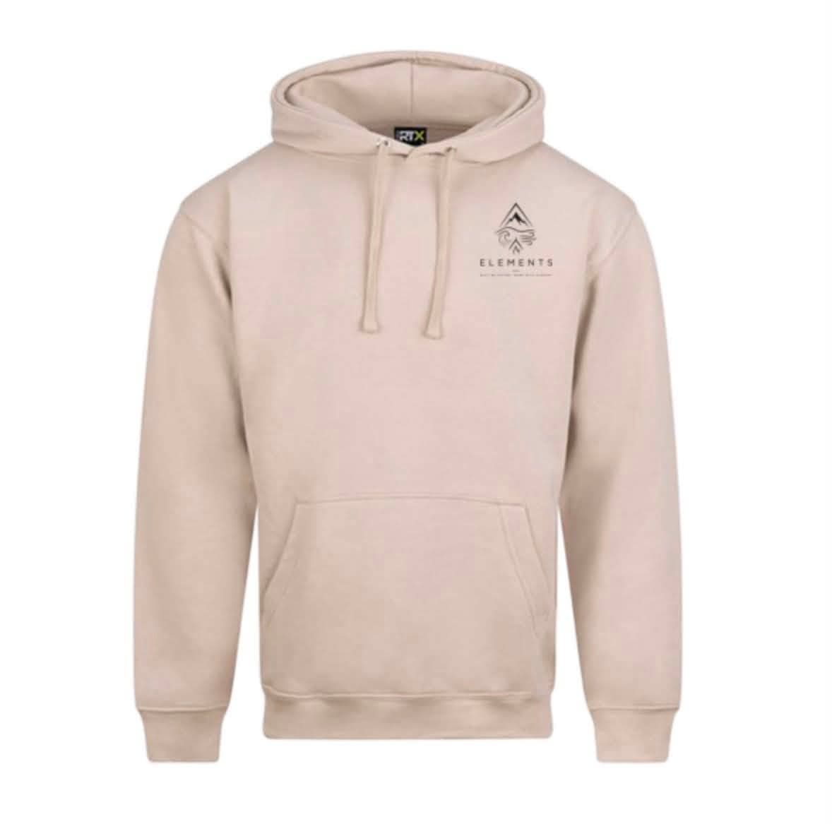 Elements hoodie with chest, body length and sleeve measurement guides