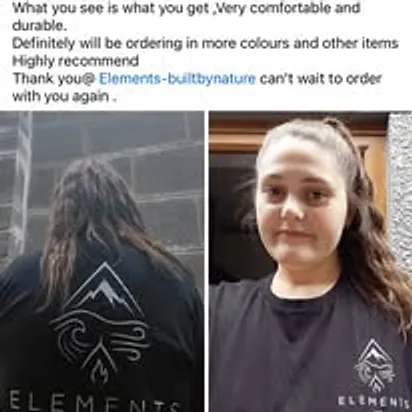Customer review screenshot praising the T-shirt for comfort and durability, with two photos of the customer wearing a black Elements T-shirt